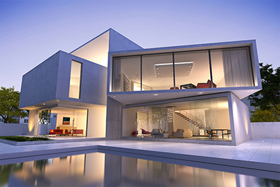 External View of a Modern House with Pool at Dusk External View of a Modern House with Pool at Dusk